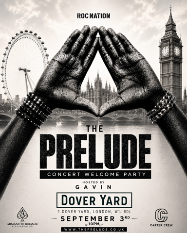 The Prelude concert welcome party flyer for Dover Yard, hosted by Gavin, 1 Dover Yard London W1J 8DL, September 3rd at 10PM